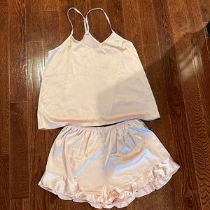 Pink silk pjs- worn once. Ruffles on shorts